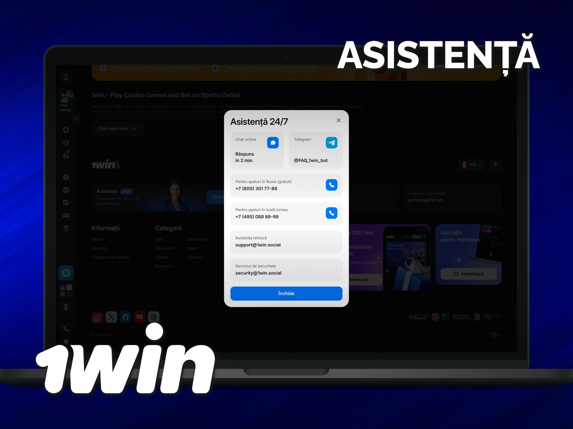 Contactează serviciul de suport 1win dedicat pentru utilizatorii versiunii de desktop Moldova.