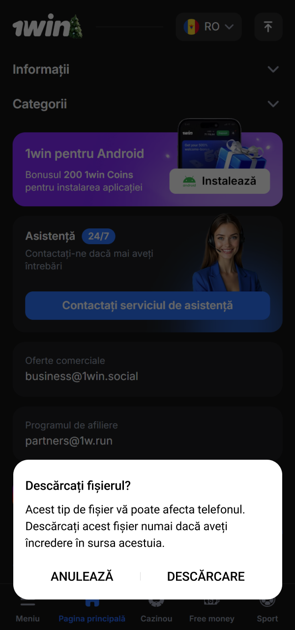 Inițiază procesul și descarcă APK-ul Android 1win oficial.