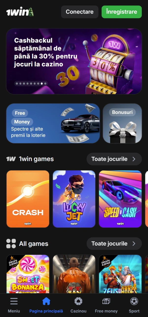 Vizualizați interfața paginii de pornire a aplicației Android 1win.