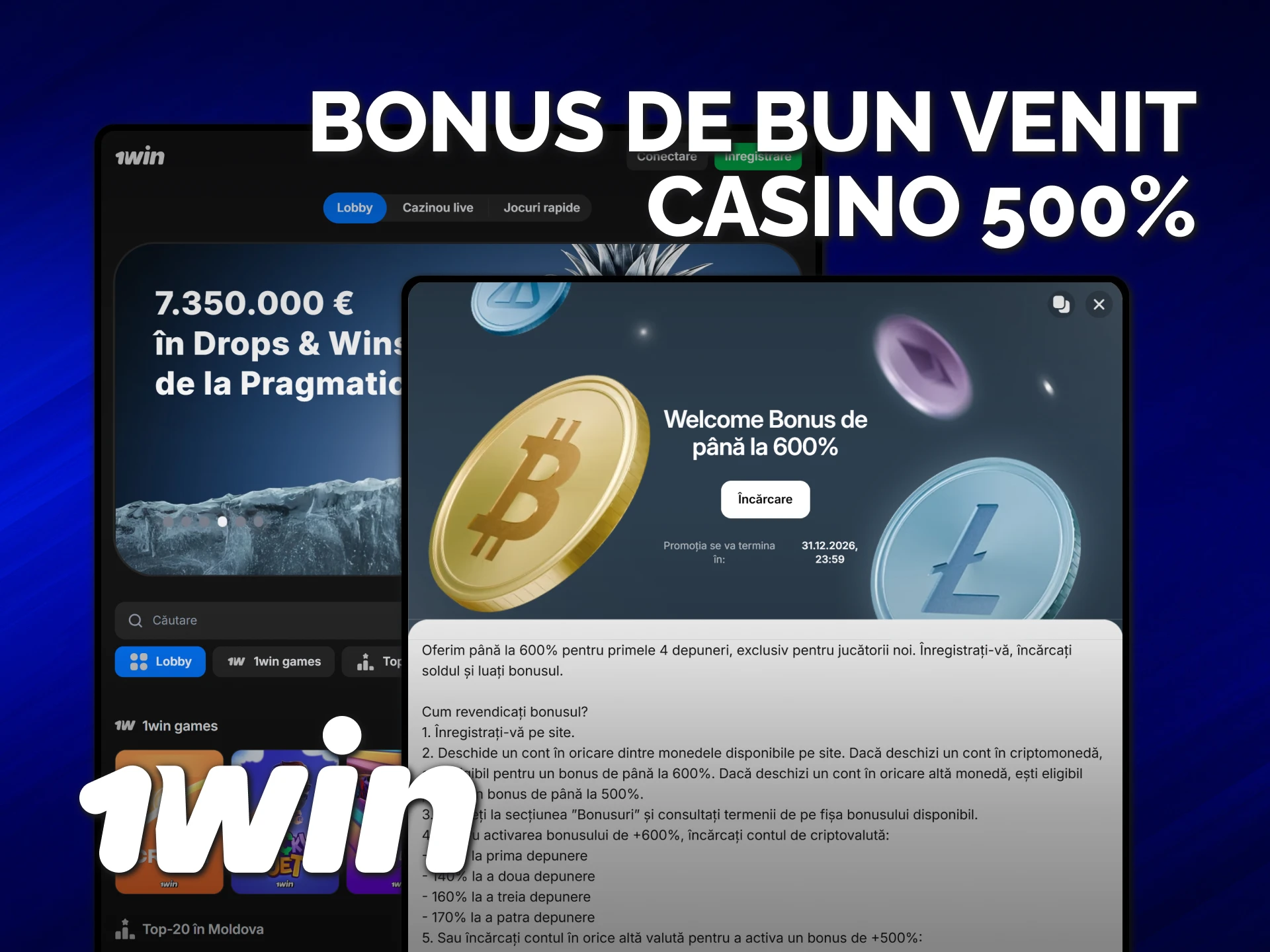 Obține un bonus de bun venit casino la 1win în procente.