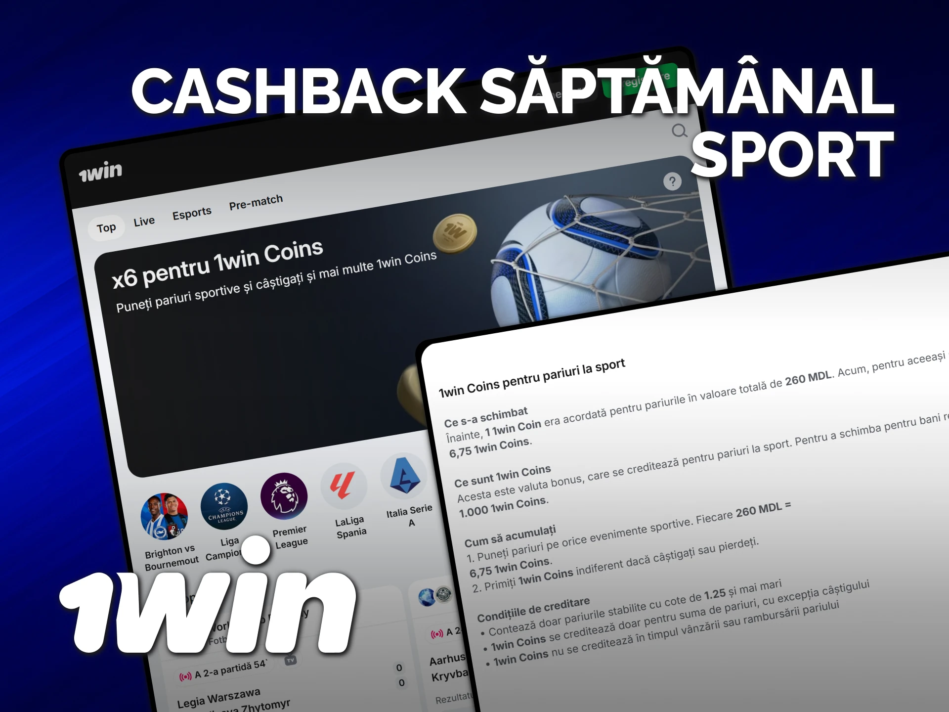 Beneficiază de bonusuri pentru sport 1win prin returnarea banilor la pariuri.