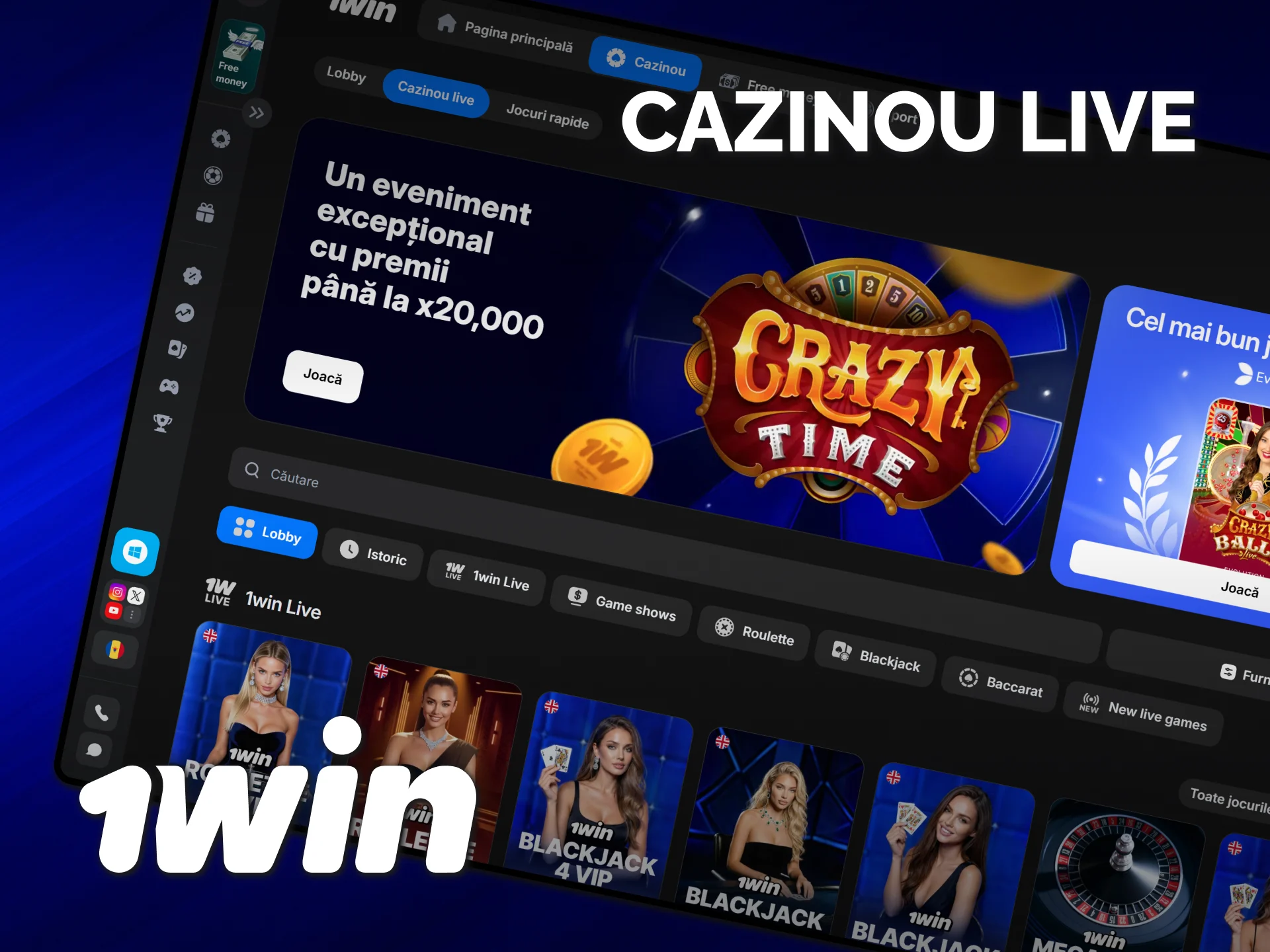 Joacă cu dealeri reali în secțiunea live de cazino 1win Moldova.