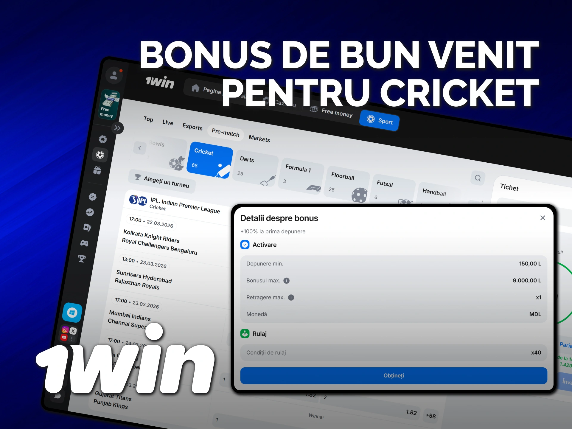 Revendică un bonus de bun venit 1win pentru pariuri la crichet.