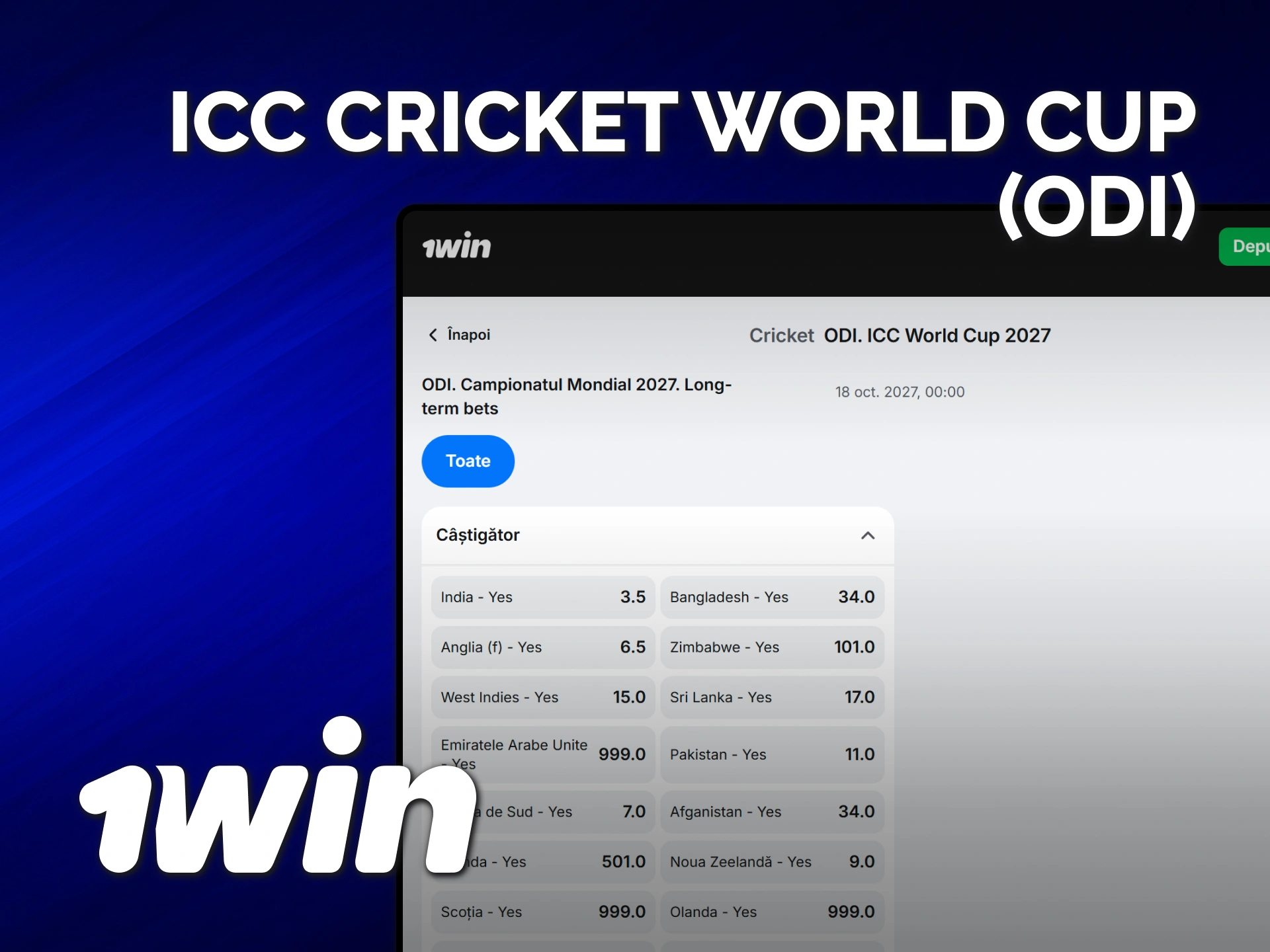 Plasează pariuri la crichet pe ICC World Cup folosind platforma 1win.