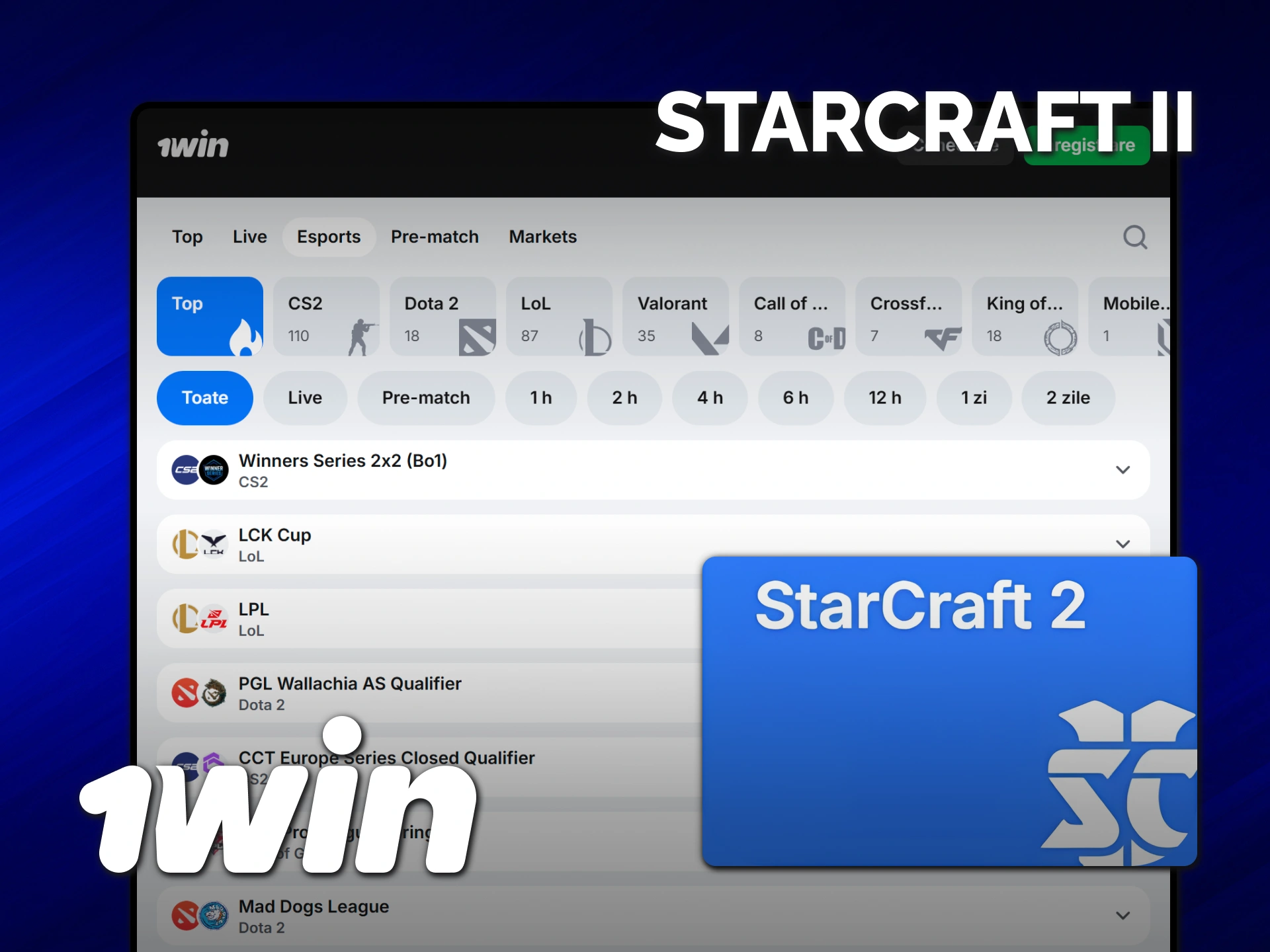 Profită de cote pentru pariuri 1win E-Sports pe meciurile de Starcraft II.