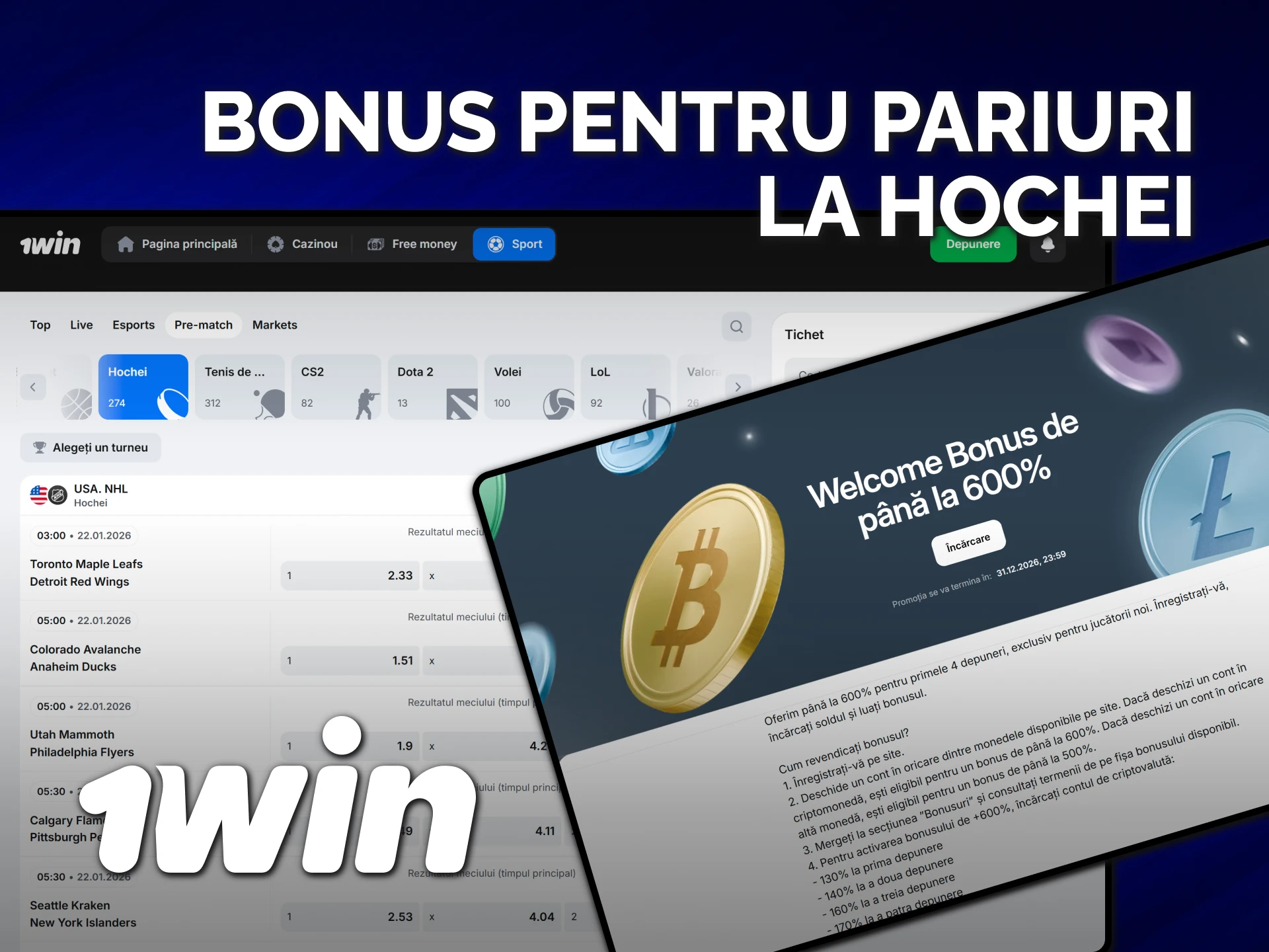 Obține un bonus 1win și pariază pe hochei pe gheață.