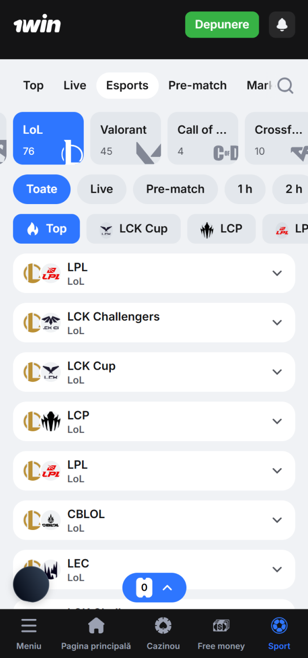 Caută secțiunea League of Legends în oferta eSports 1win Moldova acum.