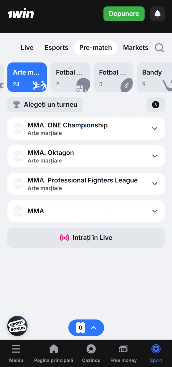 Caută galele de MMA preferate în oferta sportivă 1win Moldova.