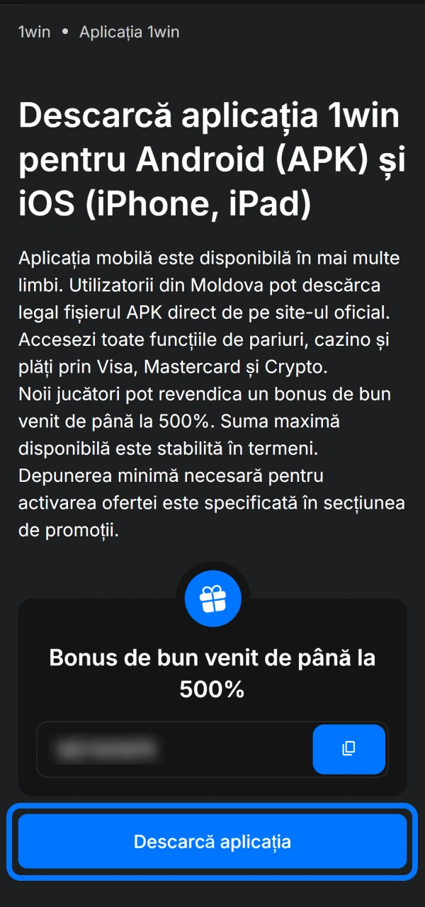 Pornește descărcarea pentru înregistrare folosind linkul sigur din 1win Aplicația.